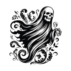 Wall Mural - ghost with victorian flourish decoration in black and white illustrations, cutout graphic