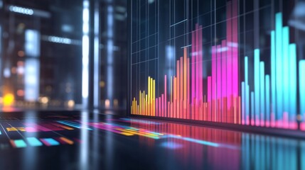 Leinwandbilder - A digital bar chart showing financial performance over time, with bars in various colors representing different metrics, set against a modern office background