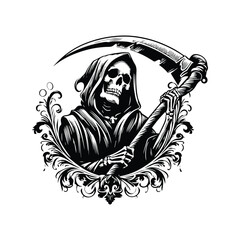 Wall Mural - grim reaper with victorian flourish decoration in black and white illustrations, cutout graphic