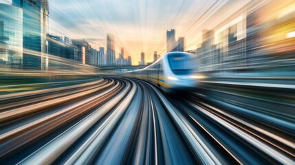 Canvas Print - A dynamic shot of an electric train speeding through a cityscape, with motion blur effects highlighting its speed and efficiency.