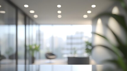 Poster - A blurred view of a modern office space with plants and natural light.