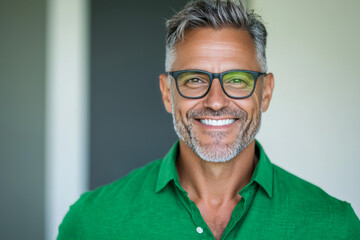 Wall Mural - Smiling man in green shirt and glasses.