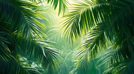 Wall Mural - Lush green palm leaves create a serene, tropical atmosphere, inviting relaxation and exploration.