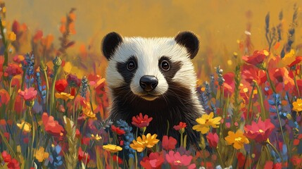 Wall Mural - wild badger in a field closeup showing its rugged features and fur in its natural habitat surrounded