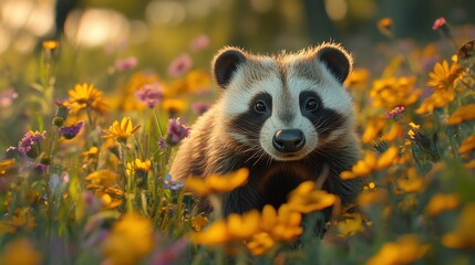 Wall Mural - badger closeup in the countryside surrounded by grass in its natural habitat showing its rugged feat