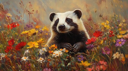Wall Mural - rural field with a badger closeup showing its rugged fur and natural behavior in the wild as it fora