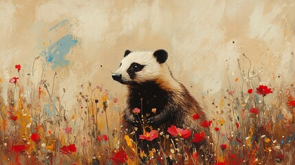 Wall Mural - closeup of a wild badger in a field showing its natural foraging behavior and rugged fur in the coun