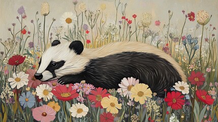 Wall Mural - closeup of a badger in a field surrounded by grass and rural countryside showcasing the animal in it