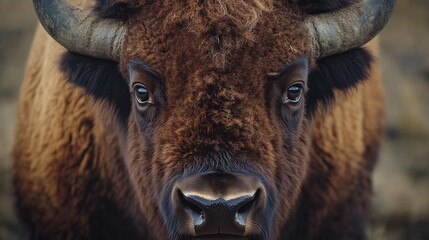 Wall Mural - wildlife portrait of an american bison showing its powerful face and horns in a closeup shot capturing the beauty of this rugged animal