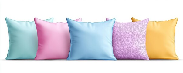 A collection of colorful decorative pillows arranged in a row, ideal for enhancing home decor or interior design projects.