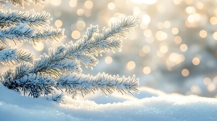 Canvas Print - A snowy branch glistens in soft light, creating a serene winter atmosphere.