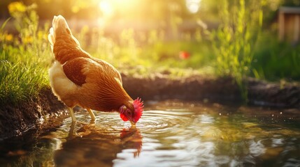 Eco-friendly farm scene with a free-range chicken drinking water, showcasing sustainable farming and animal care in natural sunlight