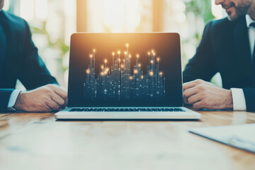 Poster - Two businessmen review data on a laptop.