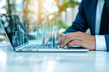 A businessman's hand types on a laptop with a digital city overlay.