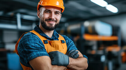 Portrait of a confident construction worker smiling, wearing an orange helmet and gloves, with arms crossed in an industrial setting.