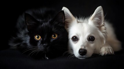 Poster - A black cat and a white dog resting closely together on a dark background.