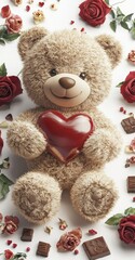 Wall Mural - A cute teddy bear holding a heart, surrounded by roses and chocolates, perfect for gifting.