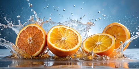 Fresh orange slices splashing with water , vibrant, citrus, refreshing, juicy, fruit, healthy, organic, motion, droplets