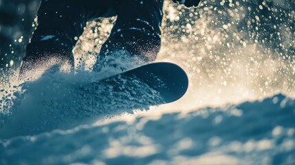 Poster - A close-up of a snowboarder carving through fresh snow, creating a spray of powder.