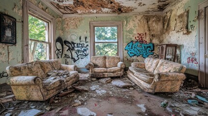 Sticker - An abandoned room with worn couches, peeling walls, and graffiti, reflecting decay and neglect.