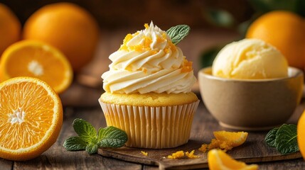 orange cupcake with vanilla frosting and a scoop of ice cream on a wooden table with oranges.