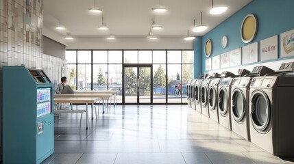 Sticker - A modern laundromat with washing machines, seating, and large windows for natural light.