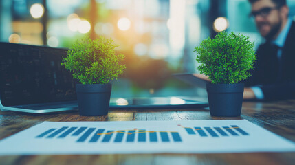 Wall Mural - Financial chart on a desk with a blurred businessman in the background.