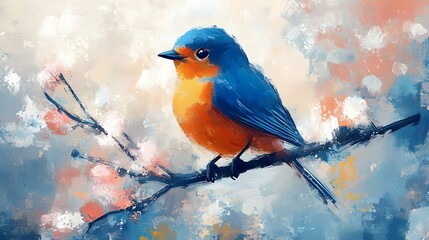 Canvas Print - A vibrant bluebird perched on a branch amidst a soft, colorful background.