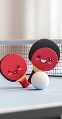 Sticker - Two playful ping pong paddles with smiling faces beside a white ball on a table.