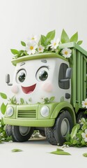 Sticker - A cheerful green garbage truck adorned with flowers and leaves, promoting environmental awareness.