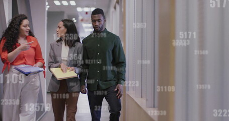 Poster - Image of data processing over diverse business people discussing work