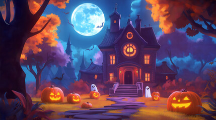 Cheerful Haunted Mansion with Friendly Ghosts and Smiling Jack-O'-Lanterns