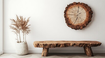 Poster - A rustic interior featuring a wooden bench, a decorative wall clock, and a potted plant for a cozy atmosphere.