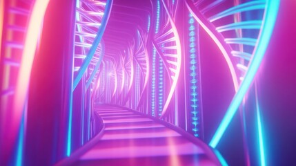 Sticker - A vibrant, futuristic corridor illuminated with neon lights, suggesting a sci-fi environment.