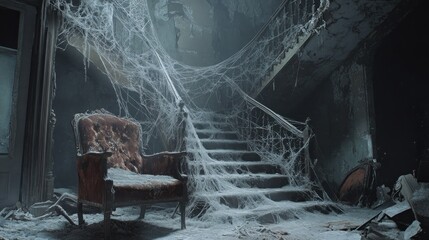 Poster - An abandoned, cobweb-filled staircase with a vintage chair, evoking a haunting atmosphere.