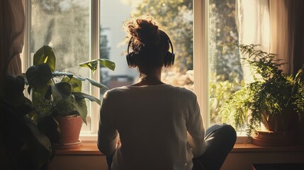 Sticker - A person sitting by a window with headphones, surrounded by plants, enjoying a peaceful moment.