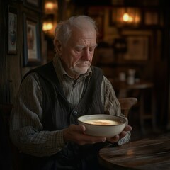 Poster - An elderly man holds a bowl, reflecting on a warm meal in a cozy, rustic setting.