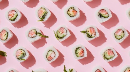 Poster - A colorful arrangement of sushi rolls on a pink background, showcasing vibrant ingredients.