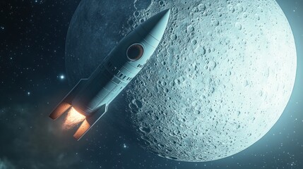 Wall Mural - a rocket propelling towards a moon in a starry space background.