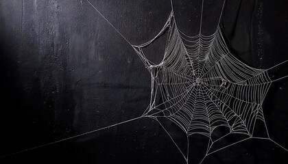Intricate spider web against dark black textured wall