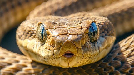 Wall Mural - venomous rattlesnake closeup showing fangs ready to strike with coiled body in a fearsome wildlife p