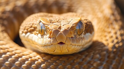 Wall Mural - rattlesnake coiled and ready to strike captured in a closeup shot with fangs exposed in a fearsome w