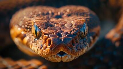 Wall Mural - closeup of venomous rattlesnake with fangs ready to strike in aggressive defense position showcasing