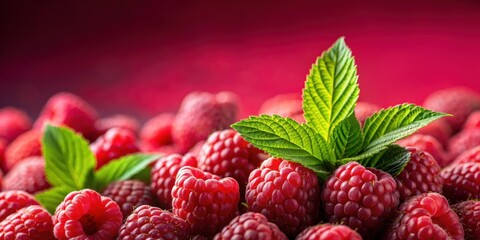 Close-up of red raspberries on red background with green leaves in background, red, raspberries, fresh, fruit, sweet, juicy