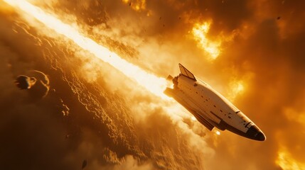 Wall Mural - a rocket ascends through fiery clouds, symbolizing space exploration and technological advancement.