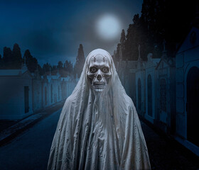 Canvas Print - Old cemetery street ghost in a full moon night