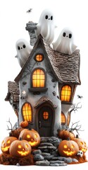 Poster - A spooky Halloween-themed house with ghosts and pumpkins, perfect for festive decorations.