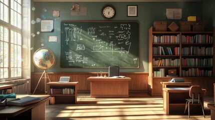 Canvas Print - A classroom setting with a chalkboard, desk, globe, and bookshelves, ideal for learning.