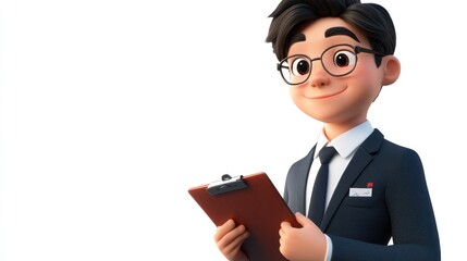 Poster - A cheerful animated character in a suit holding a clipboard, suggesting a professional setting.