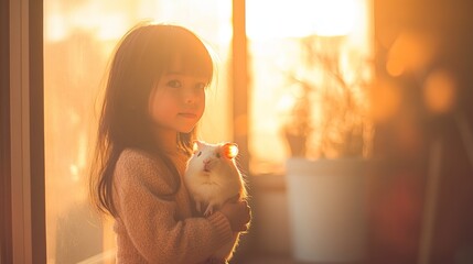 Wall Mural - A child holding a small pet in a sunlit room, capturing a moment of warmth and companionship.